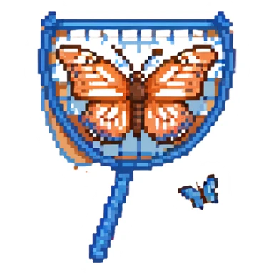 An insect-catching net with a blue handle and a butterfly inside the net sticker