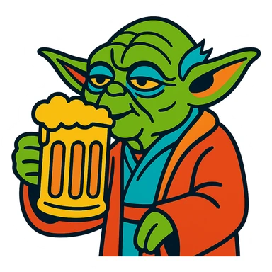 Yoda drinking a beer, expressive illustration style, vibrant colors sticker