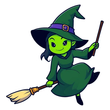 Elphaba, green-skinned witch with black hat and long black dress riding a broomstick sticker