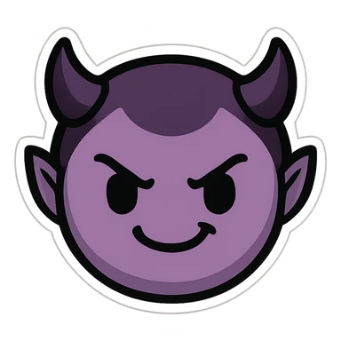 devil emoji in chibi style with gothic palette black and purple, tiny horns, cute but mischievous expression sticker
