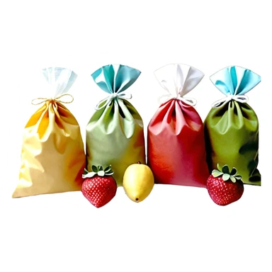 Ein weicher, bunter Standbeutel für Kinder, gefüllt mit püriertem Obstmus. Oben hat er einen kleinen wiederverschließbaren Schraubverschluss, aus dem Kinder direkt trinken oder saugen. Verpackung wie Babynahrung-Beutel aus dem Supermarkt, mit fröhlichem Obst-Design (Apfel, Banane, Erdbeere). sticker