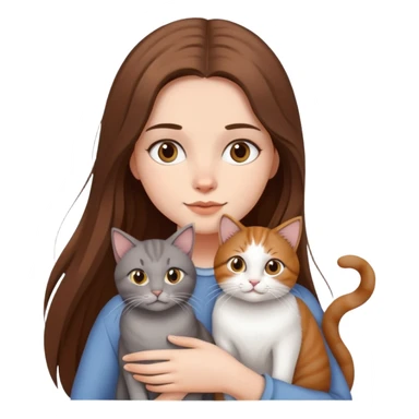a girl with long brown hair with 2 cats, 1 gray and 1 white sticker