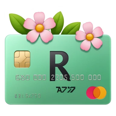 Pale Pink and green cute credit card, flowers growing around it , clean aesthetic, letter R on it sticker