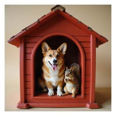 realistic red dog house with a Corgi dog inside, Corgi with a squirrel, photorealistic style sticker