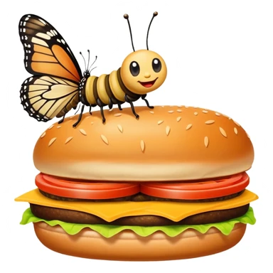 A caterpillar on top of a butterfly eating a burger sticker