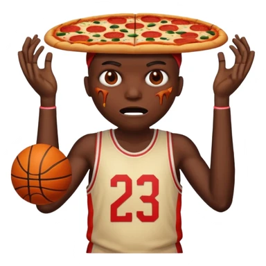 a glitch abomination with hands for a head, a baskeball stomach, pizza eyes sticker