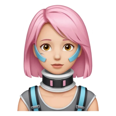 Woman with light pink shoulder length hair and neck brace sticker