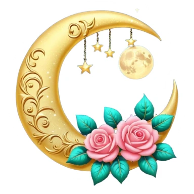 Romantic shiny sparkly glossy glittery vintage crescent damask moon with roses sticker
