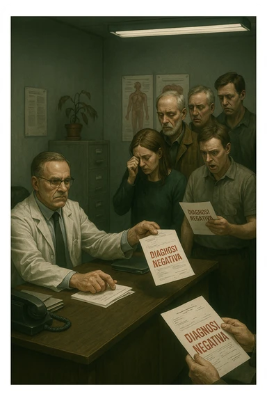 A realistic, cinematic illustration set in a dull, grey-toned medical office. A middle-aged male doctor in a white coat with a stern, cold expression is seated at his desk, handing out medical reports with large red ‘Negative Diagnosis’ stamps to each patient in line. The patients, of various ages and appearances, stand in a line, each looking increasingly sad, defeated, and demoralized as they receive their papers, with slumped shoulders and empty gazes. One young woman wipes away a tear, while a man stares at the paper in shock. The background shows medical posters, a faded plant, and harsh fluorescent lighting, emphasizing the cold, mechanical environment. The mood is heavy, illustrating how negative diagnoses delivered without empatia can deeply affect the mental health and morale of patients. The style is realistic, with subtle filmic grain, emphasizing emotional impact and the weight of medical words on people’s lives.in italiano sticker