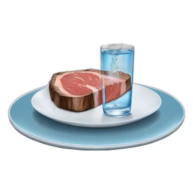glass of water suspended horizontally in the air above a slice of rare steak on a plate, the water pouring out onto the top of the steak sticker