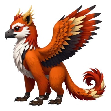 4-legged realistic digitigrade scaly winged long-big-beaked Gryphon-Griffin-Griffsnuff-Talonflame-Silvally-Braviary-Red-Panda-fusion-hybrid-animal-Fakémon-creature, full body, with a long thin tufted lion-tail, long tufted winged feathery ears sticker