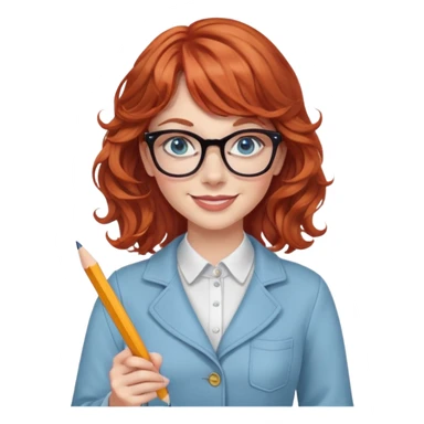 redheaded woman with wavy hair and bangs, blue eyes, glasses, chic outfit, holding a pencil, smiling sticker