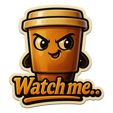 Tall coffee cup, mischievous eyes, "Watch me..." sticker