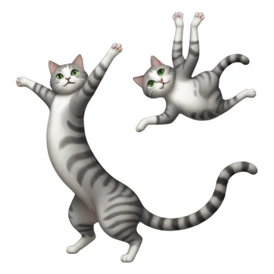 grey and white cat with green eyes doing a big extremely long stretch reaching up into the air with arms and legs side by side together straight and overextended whilst lying on its side sticker