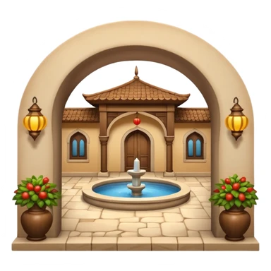 3D Apple-style emoji of a traditional Turkish han with courtyard, arches, fountain, wooden doors, and hanging lanterns. Rounded, glossy, smooth, soft shadows, white background.







 sticker