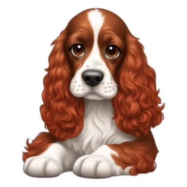 Red velvet hair woman in white singlet sitting tricolor english cocker spaniel on her lap sticker