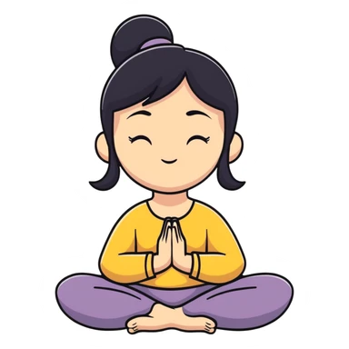 White girl with black hair in meditation pose, peaceful self care wellness moment sticker