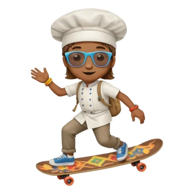 ["A happy boy with brown skin, straight hair, wearing a chef hat and sunglasses, dressed in hippie fashion, is skateboarding while holding a backpack."] sticker