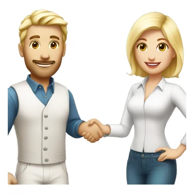 adult restaurant owner with white skin and blogger with white skin and blonde hair shaking hands in full height sticker