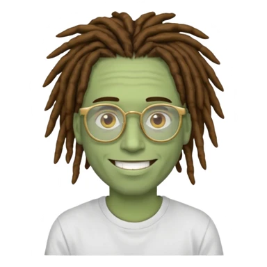 man with brown dreads white tee golden eyes light green skin glasses and white smile sticker