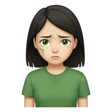 Young girl with straight, dark hair, damaged and unattractive, wearing a green T-shirt, with a sad and subdued expression. sticker