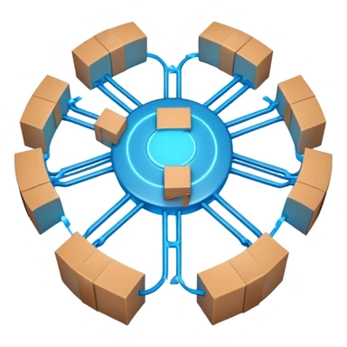 circular blue network with brown packages as nodes at intersections sticker