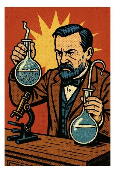 A victorian scientist like Louis Pasteur experimenting with two glass swan neck flasks.  One of the flasks has a broken top and contains lot of bacteria in water.  The other flask is sealed and contained clear water.  There is also a microscope on Pasteur's desk. sticker