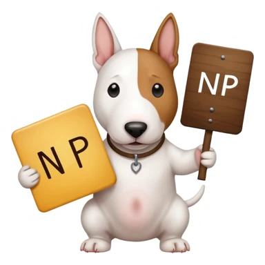 bull terrier dog holding a sign that says "NP" sticker