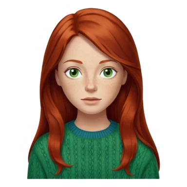 woman with long dark auburn red hair that is mostly straight but has slight waves to it. grey blue eyes. some freckles. wearing a Swedish style sweater that is green.  sticker