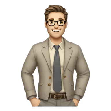 Joyful Pale skinned Fit Man With dark brown hair in gray jacket, beige office shirt, Brown pants and vintage glasses. His thrumbs up sticker