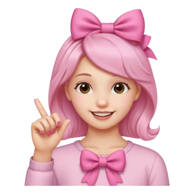 Chica sonriendo con un lazo rosa en la cabeza y mordiendose la punta del dedo indice con delicadeza y la otra mano que no salga sticker