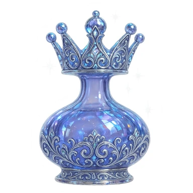 modernus prabangus eliksyro buteliukas, karūnėlės forma, spalva #7986cb, išraiškingi holografiniai ir sidabriniai filigranai, kristalo švytėjimas, žėrintys magiški efektai, šviesos lūžiai, labai mažas kaklelis, ornamentuota, gražiai užapvalinta ir vientisa apačia, skaidrus fonas, be šešėlio, aiškiai plūduriuoja ore, nestovi, kolekcijos stilius, maksimaliai gražus sticker