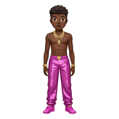 Lil Nas X with dark pink sequin baggy pants, shirtless with necklace sticker