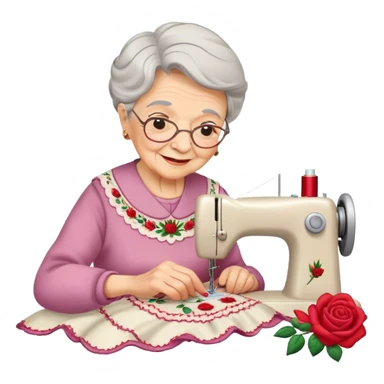 Elderly grandmother happily sewing rose embroidery, focused, peaceful, smiling, content sticker