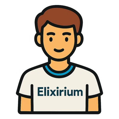 young man wearing white t-shirt with the word 'Elixirium' written on the t-shirt, colorful outline icon style sticker