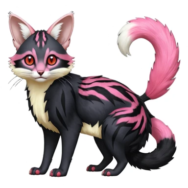 Hyper realistic  void-black fur haunted by crimson neon pulse-lines like living circuitry beautiful elegant pretty precious cute  Fakémon-Pokémon-opossum-feline-serval-caracal-chinchilla-Furret-Minccino-hybrid-creature with a big fluffy bushy tail (full body) sticker