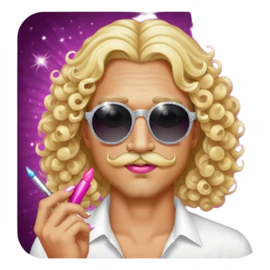Man with long straight blonde hair, a curly blonde mustache, round sunglasses, add makeup and lipstick, make him look hot add sparkles and nail polish hot sticker