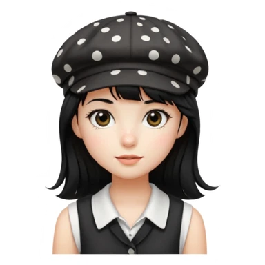pinterst girl with heavy bang, black long strait hair and black pica dot newsboy cap on her hat, wearing white sleeveless  sticker
