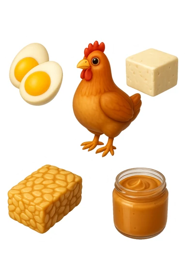 EMOJI STILE IPHONE DI
 uova, pollo, tofu, tempeh, burro di arachidi
, fluttuano in aria REALISTICA 4K sticker