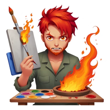 demon artist with wild fiery hair painting chaotic art in hellscape sticker