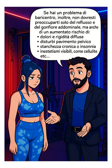 TRASFORMA QUESTO CAROSELLO IN UN FUMETTO STILE WEBTOON/MANGA A COLORI CON QUESTE DUE PERSONE IDENTICHE CHE INTERLOQUISCONO TRA LORO, L'uomo sta spiegando alla donna questo concetto:

Se hai un problema di baricentro, inoltre, non dovresti preoccuparti solo del reflusso e del gonfiore addominale, ma anche di un aumentato rischio di:
    • dolori e rigidità diffuse
    • disturbi pavimento pelvico
    • stanchezza cronica o insonnia
    • inestetismi visibili, come celluluite
    • etc… sticker