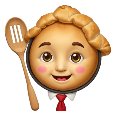 emoji style, happy fried empanada with face, big sparkling eyes, blushing cheeks, two buck teeth, red necktie, holding spatula, thick black outline, golden brown color, very cute and wholesome, transparent background sticker