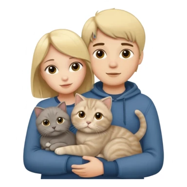 Blonde girl and brunette boy hugging one grey scottish fold cat sticker