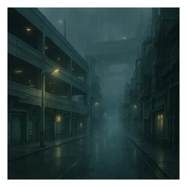 a dark, drab industrial street, dim lights, thick fog and rain. no cars. parking structure. pre-twilight gray. dystopian futurepunk, but the streets are clean, massive structure, very futuristic sticker