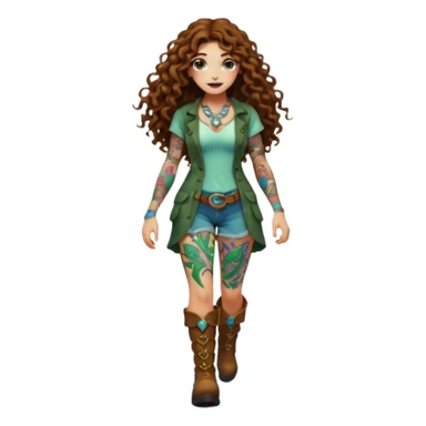 full body view of a woman with long curly brown hair, brown eyes, white skin, tattoos, walking forward through psychedelic fog, glowing vines wrapping around her boots sticker