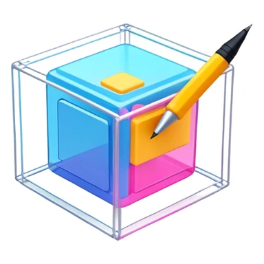 Create an emoji for 3D visualization and modeling. Show a 3D wireframe model or shape (e.g., a cube or sphere) with a design tool like a stylus and 3D rendering software interface. Use modern, professional colors. Do not include any emojis or smiley faces. Make the background transparent. sticker