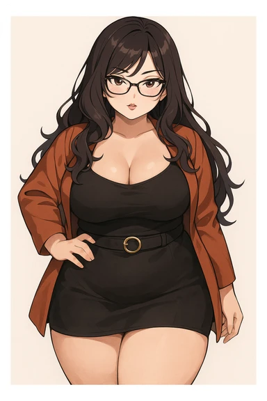 plus size anime girl with glasses, sultry look, long hair, fashionable outfit, confident and attractive sticker