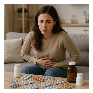 realistic style woman sitting with hand on abdomen, dysbiosis due to wrong supplementation, worried expression, scattered supplement packages, domestic environment sticker