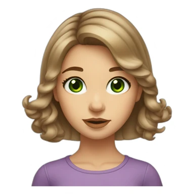 Young girl, green eyes, medium length hair, light brown at the root, light tips. Big bow lips, upturned neat nose sticker