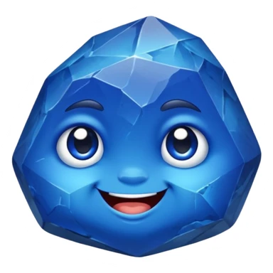 A single chubby gemstone rock character, bright sapphire blue, very rock-like with chunky irregular facets and a slightly rough stone texture, big glossy eyes and a happy smile sticker